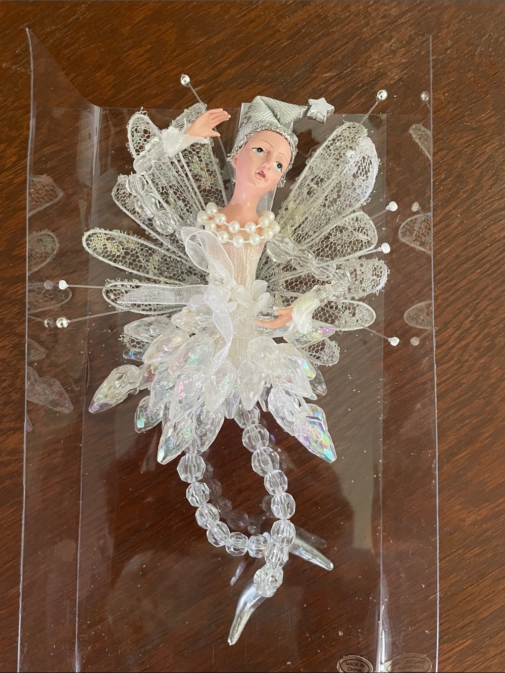 Iridescent White Fairy Ornament with Beaded Legs